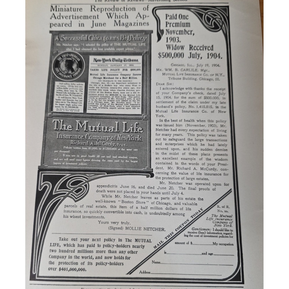 Vintage 1903 Mutual Life Insurance Co Print Ad Review of Reviews Chicago History